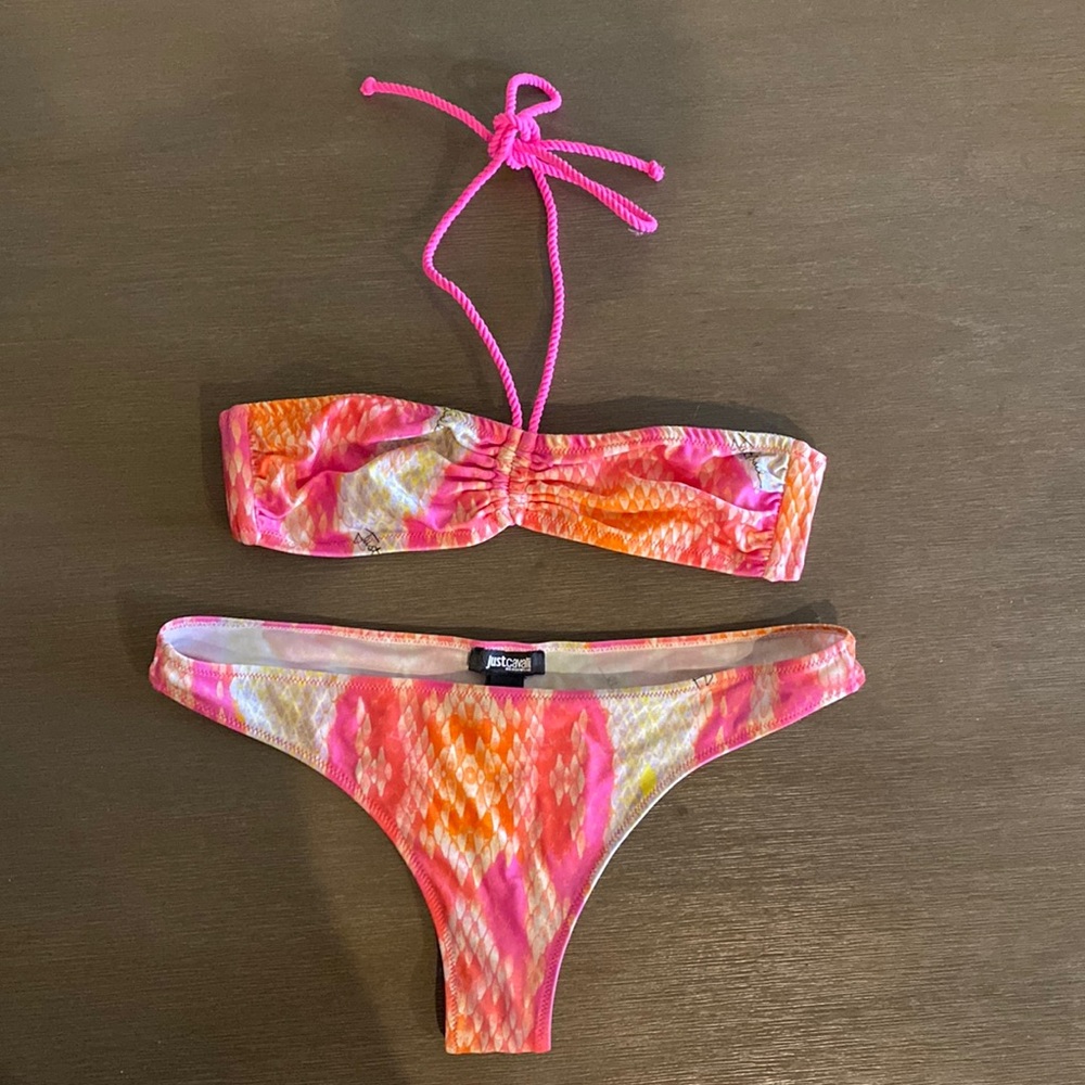 Just Cavalli halter bandeau snake print pink swimsuit